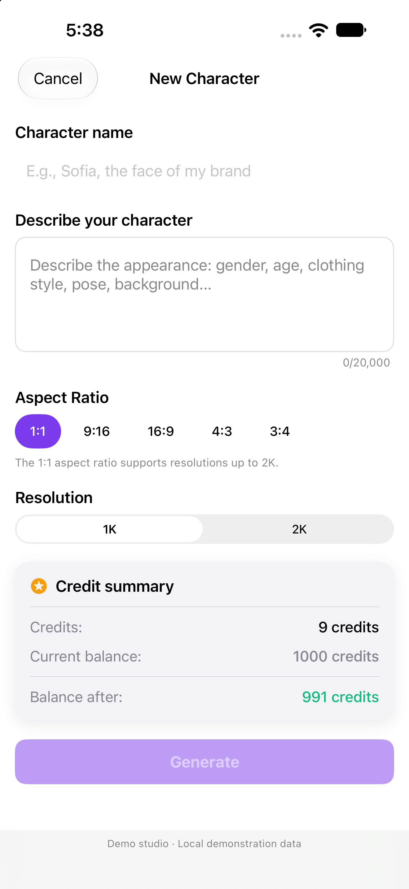 Form for creating a new character