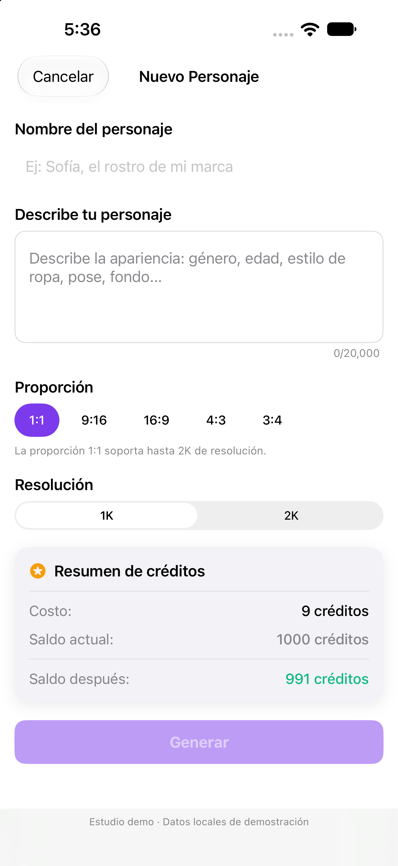Formulario para crear un nuevo personaje