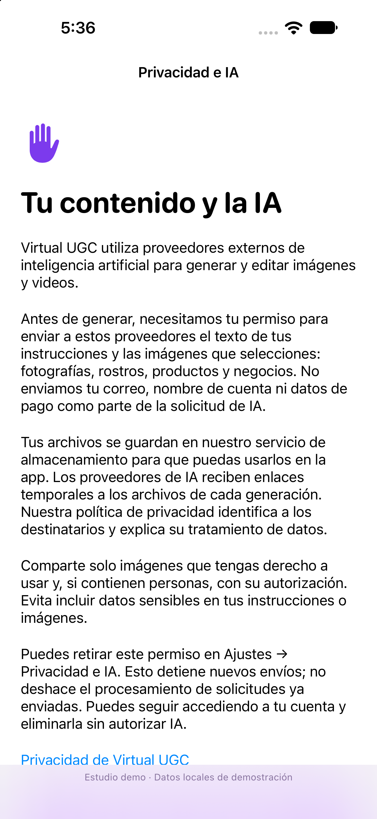 Pantalla real de Privacidad e IA de Virtual UGC